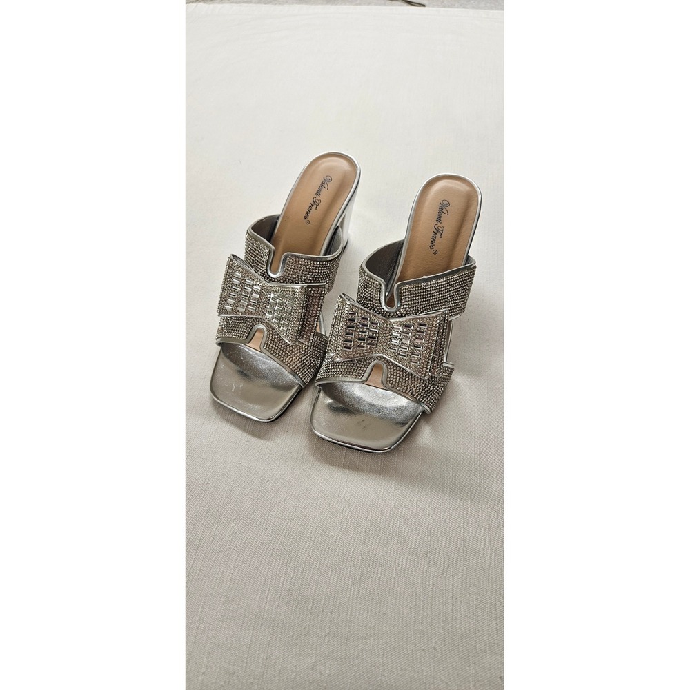 Valenti Franco Becci-3 Silver Rhinestone Bow Slide Sandals Block Heel Mules 8M